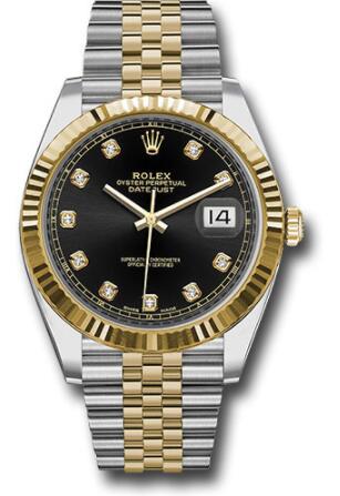 Replica Rolex Steel and Yellow Gold Rolesor Datejust 41 Watch 126333 Fluted Bezel Black Diamond Dial Jubilee Bracelet
